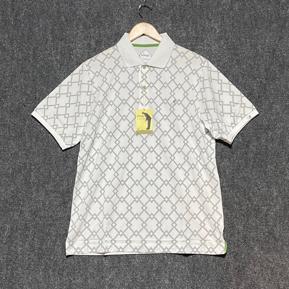 Kangol Golf Mens LARGE Argyle Tex Polo Shirt White Grey K1550PJ UV Protection